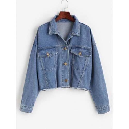 Flap Detail Frayed Hem Denim Jacket