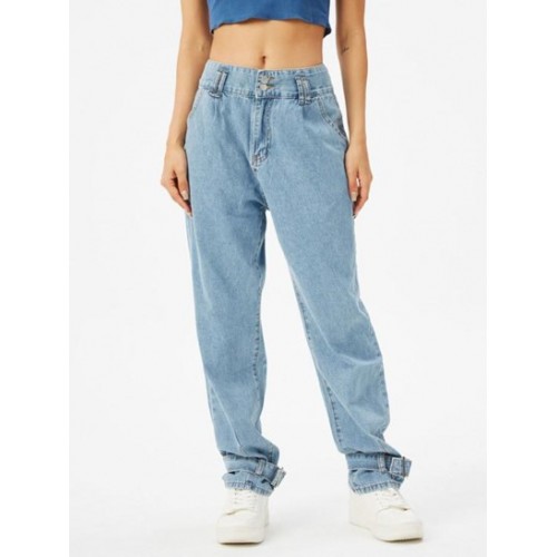 Buckle Hem High Waisted Straight Jeans