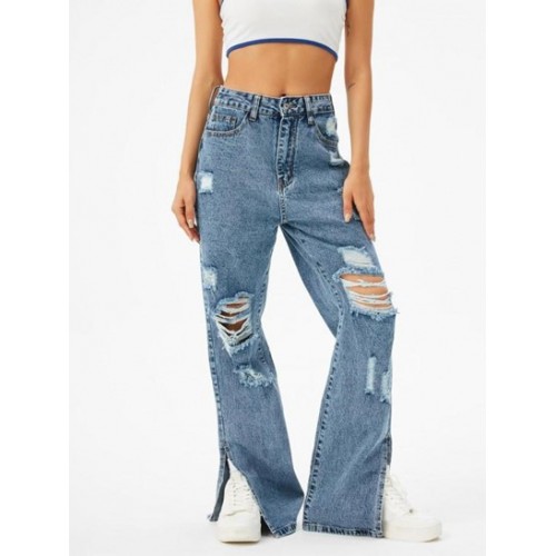 Distressed Slit High Waisted Straight Jeans