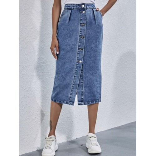 Button Up Midi Jean Skirt