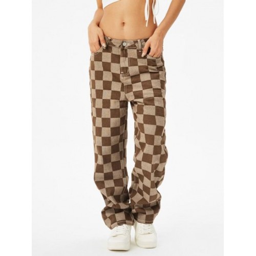 High Waisted Checkerboard Pattern Wide Leg Jeans