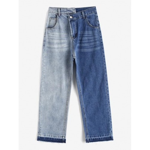 Bicolor Frayed Hem Straight Crossover Jeans