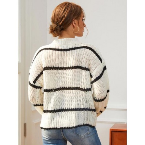 Chunky Knit Striped Balloon Sleeve Sweater