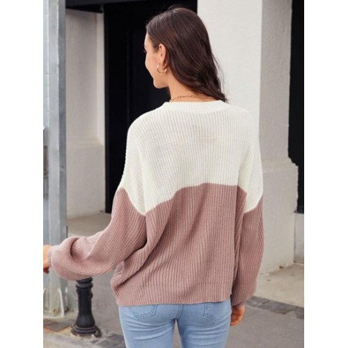 Contrast Two Tone Bicolor Drop Shoulder Sweater