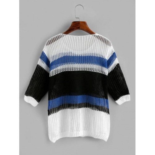 Openwork Drop Shoulder Wide Stripes Sweater