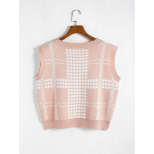 Houndstooth Loose V Neck Sweater Vest