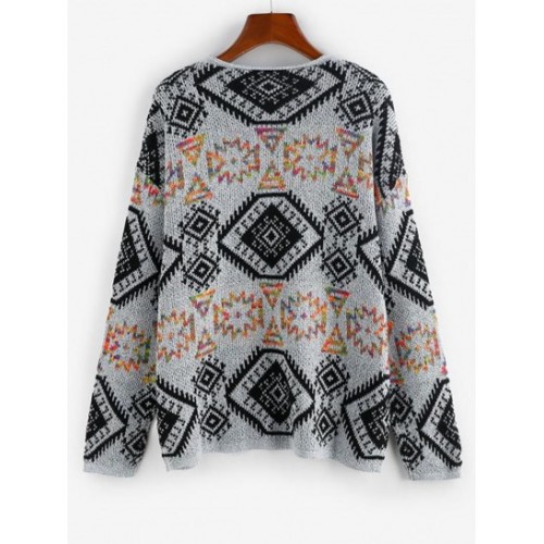 Rolled Edge Drop Shoulder Geo Graphic Sweater