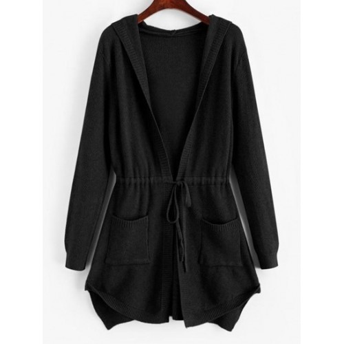 Longline Hooded Drawstring Pockets Cardigan