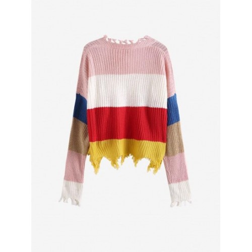 Distressed Frayed Ladder Colorblock Sweater