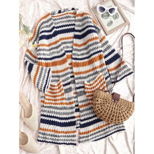 Dual Pocket Open Front Stripes Cardigan