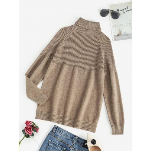 Turtleneck Raglan Sleeve Contrast Ribbed Sweater