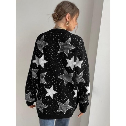 Open Front Star Graphic Tunic Cardigan