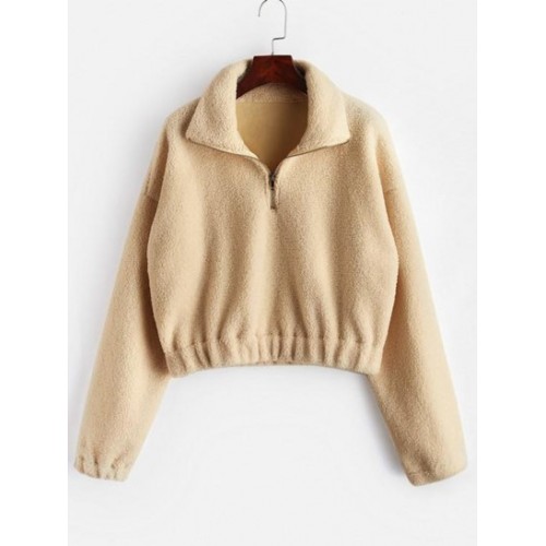 Half Zip Plain Faux Fur Sweatshirt