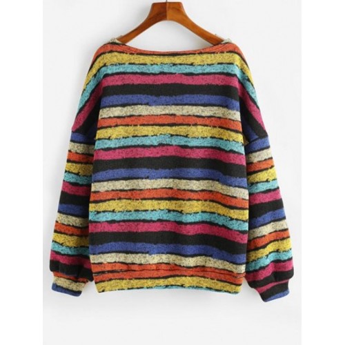 Loose Colorful Stripes Fleece Lined Sweatshirt