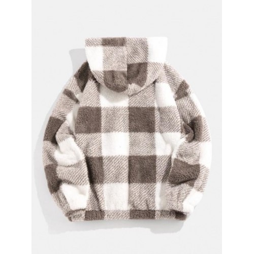 Pockets Double Plaid Fluffy Hoodie