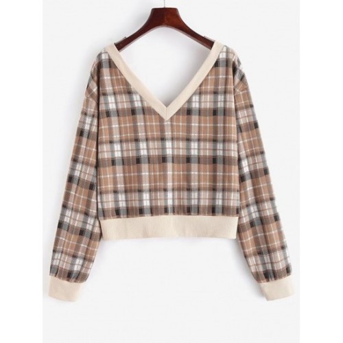 Ribbed Trim Plaid Double-v Sweatshirt