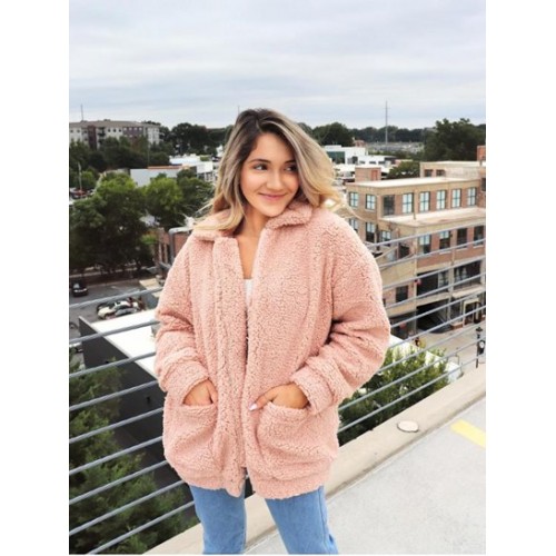 X Yasmine Bateman Pocket Zipper Drop Shoulder Fluffy Teddy Coat