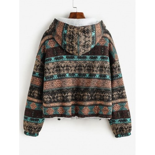 Hooded Tribal Print Faux Fur Lined Coat