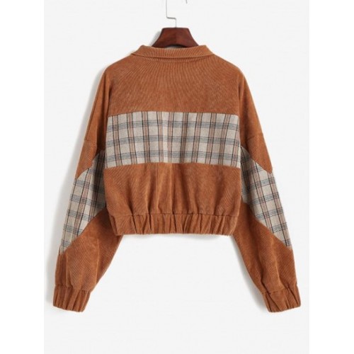 Plaid Panel Zip Up Corduroy Jacket