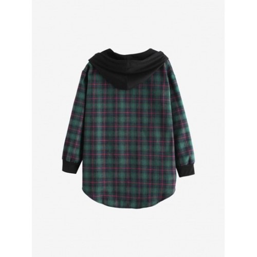 Plaid Button Up Pocket Hooded Coat