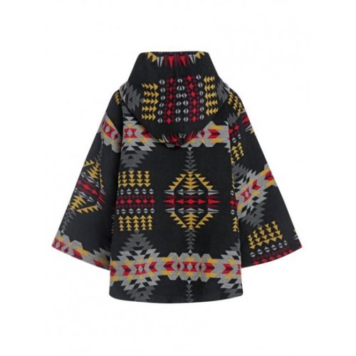 Hooded Tribal Jacquard Wool Blend Coat