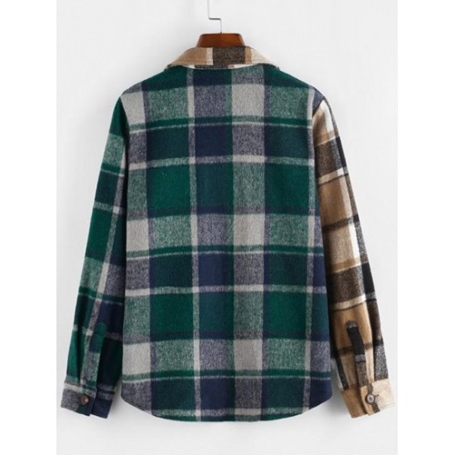 Color Blocking Plaid Checked Flannel Chest Pocket Shacket