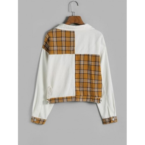 Ripped Plaid Panel Front Pockets Jacket