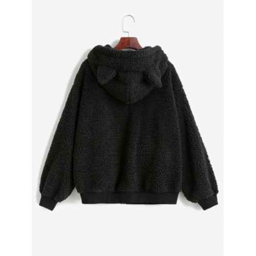 Hooded Faux Shearling Pompom Zip Teddy Coat