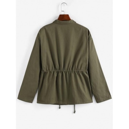 Drop Shoulder Drawstring Waist Pockets Jacket