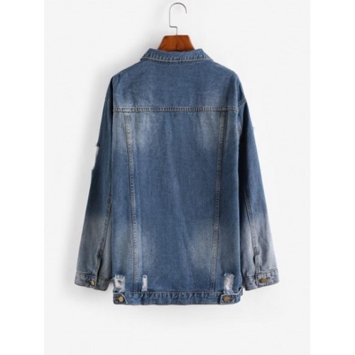 Drop Shoulder Distressed Denim Jacket