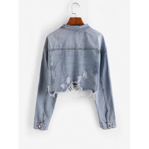 Frayed Distressed Drop Shoulder Denim Jacket