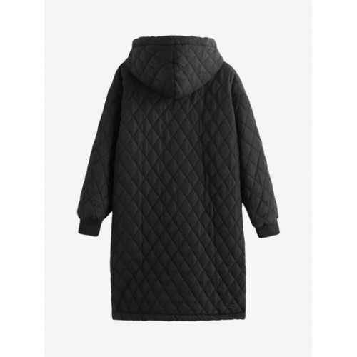 Long Hooded Zippered Pockets Quilted Coat