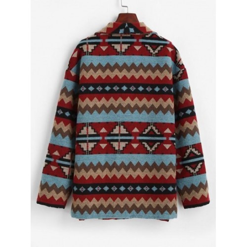 Tribal Print Pockets Double Breasted Coat