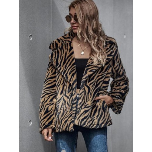 Zebra Fluffy Faux Fur Open Front Coat