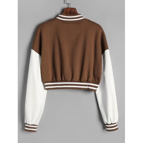 Cropped Fleece-lined Faux Leather Sleeve Baseball Jacket