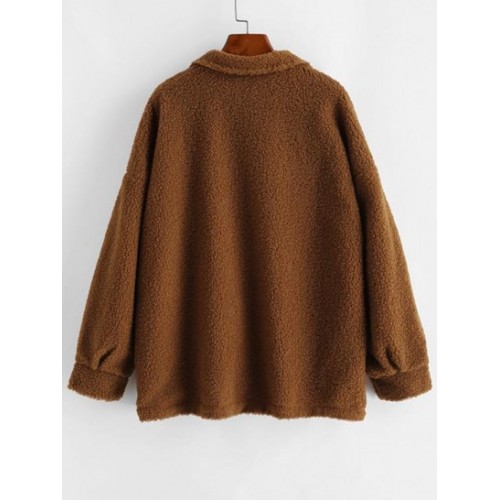 Snap Button Flap Detail Teddy Coat