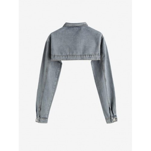 Flap Detail Micro Cropped Denim Jacket