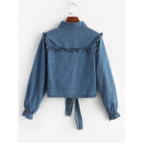 Tie Front Frilled Button Up Denim Jacket