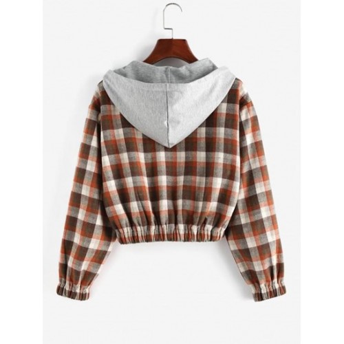 Hooded Plaid Fleece Lined Zip Jacket