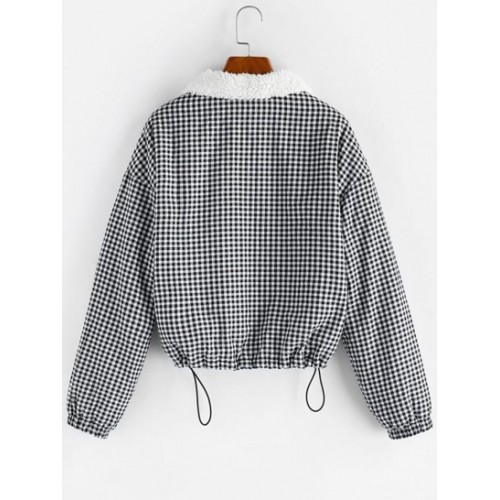 Gingham Drop Shoulder Faux Fur Lining Coat