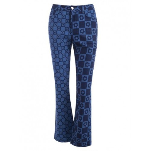 Checkerboard Floral Print Boot Cut Jeans