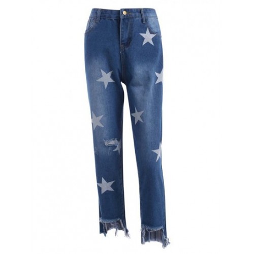 Star Print Ripped Stepped Hem Tapered Jeans