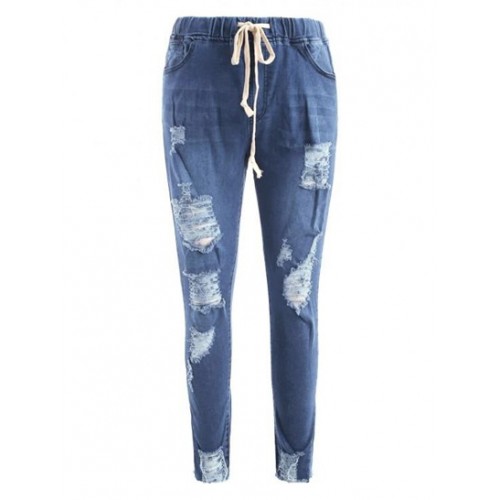 Drawstring Ripped Frayed Hem Skinny Jeans