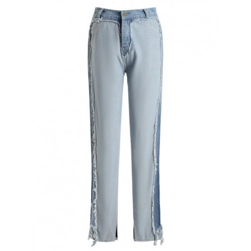 Frayed Reverse Patchwork Split Hem Jeans