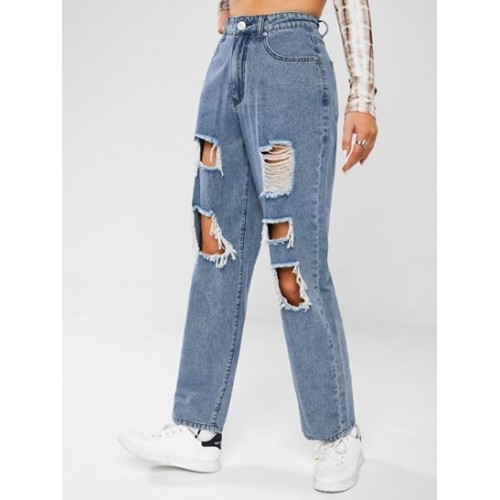 Ripped Distressed Straight Boyfriend Jeans