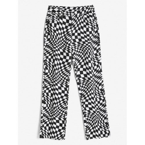 Baggy Op Art Checkerboard Wide Leg Jeans