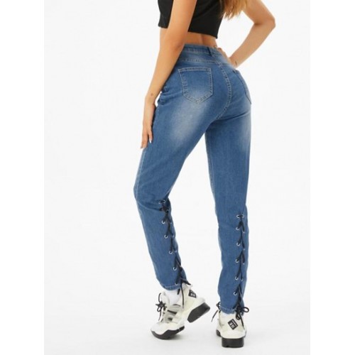 Lace Up Mid Rise Skinny Jeans