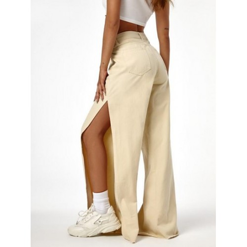 Solid Color Side Slit Wide Leg Pants