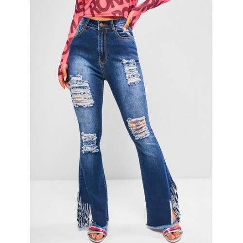 Ripped Fringed Distressed High Waisted Flare Jeans