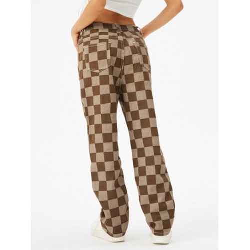 High Waisted Checkerboard Pattern Wide Leg Jeans